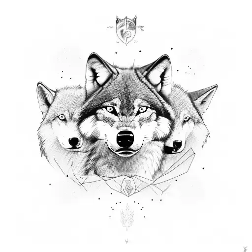 Protective Wolf With His Two Cubs