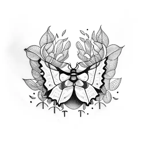 A Blackwork Tattoo Of A Moth Perched On A Blooming Mushroom