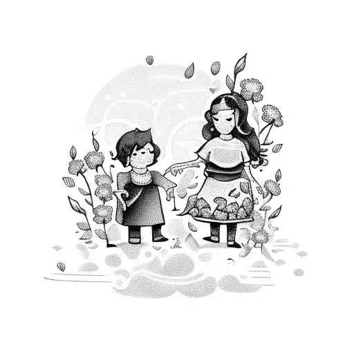 A Whimsical Illustration Of A Mother And Son Playing In A Field Of Flowers