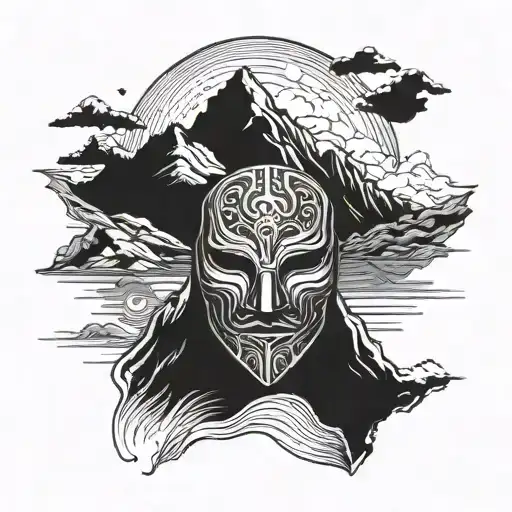 A Silhouette Of A Mountain Range With A Theatrical Mask Overlaying It