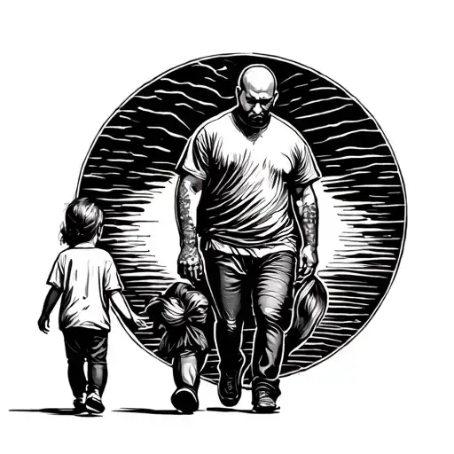 Father With His 2 Children Walking