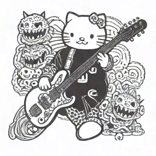 Rock Hello Kitty Playing Guittar And Baby Godzilla Make Godzilla