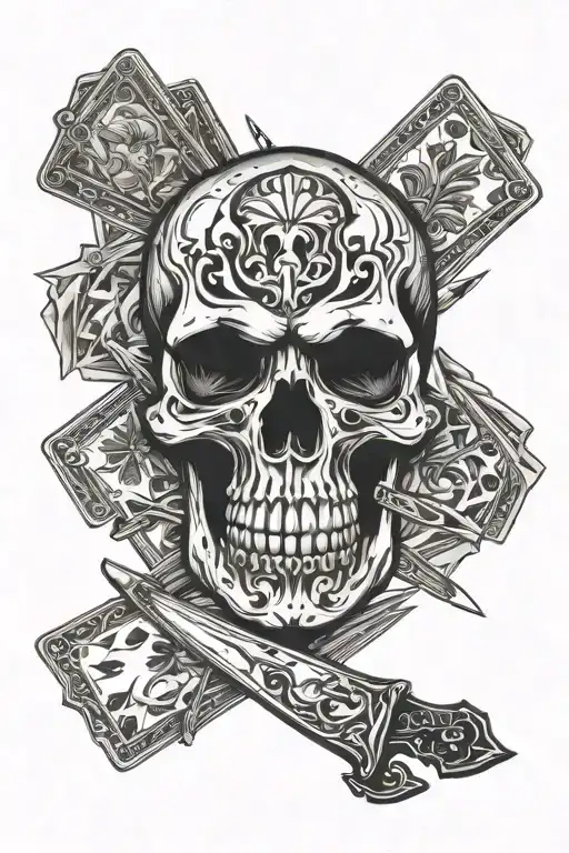 Skull And Knives With Playing Cards Being Shuffled