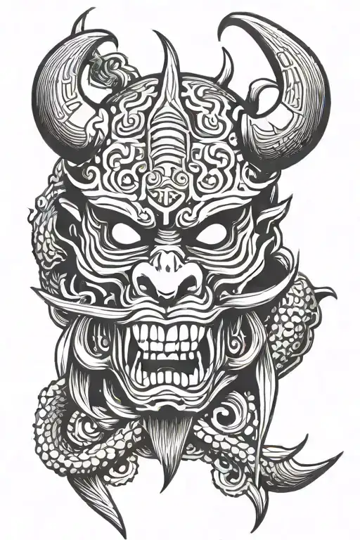 Samurai Warrior Skull Oni Tribal Shin Simetric Design