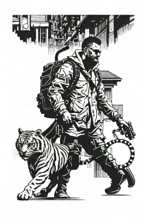 Cyberpunk City With Guy And Tiger Walking Together