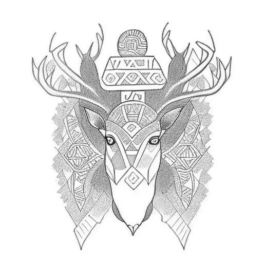 A Blackwork Tattoo Of A Taino Tribe Symbol With A Deer And Duck Incorporated Into The Design