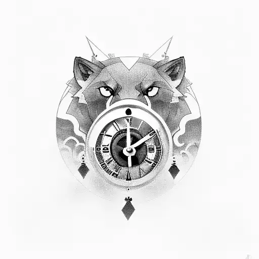 Clock Broken With Wolf And Mushrooms