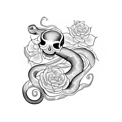 Snake Surrounded By Flowers With Pomegranates And A Skull