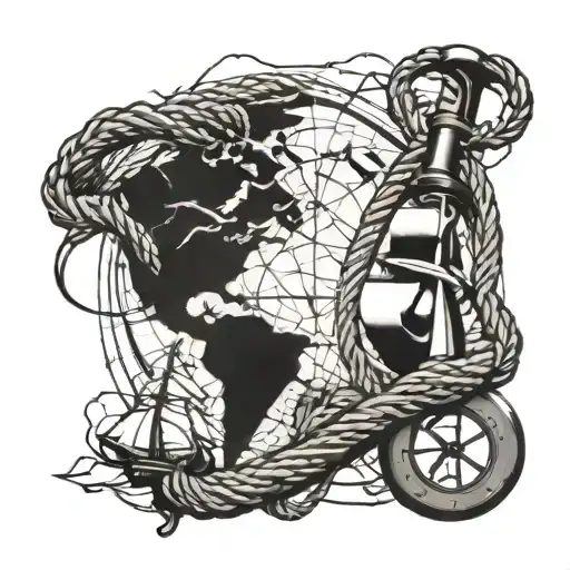 Ships Anchor With Rope Wrapping Around Top Of Arm With World Map Behind