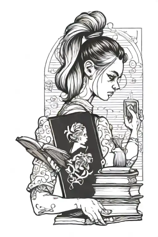 Black And White Drawing Blonde Girl With Bun Hair Take A Book In One Hand And Heart In Second Hand