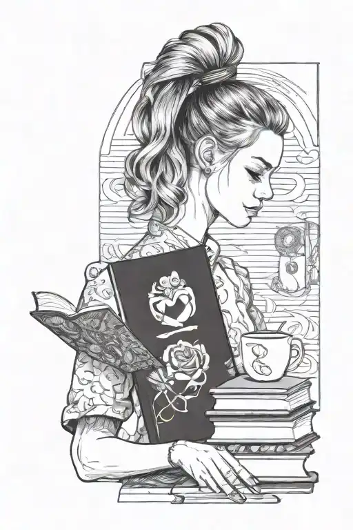 Black And White Drawing Blonde Girl With Bun Hair Take A Book In One Hand And Heart In Second Hand