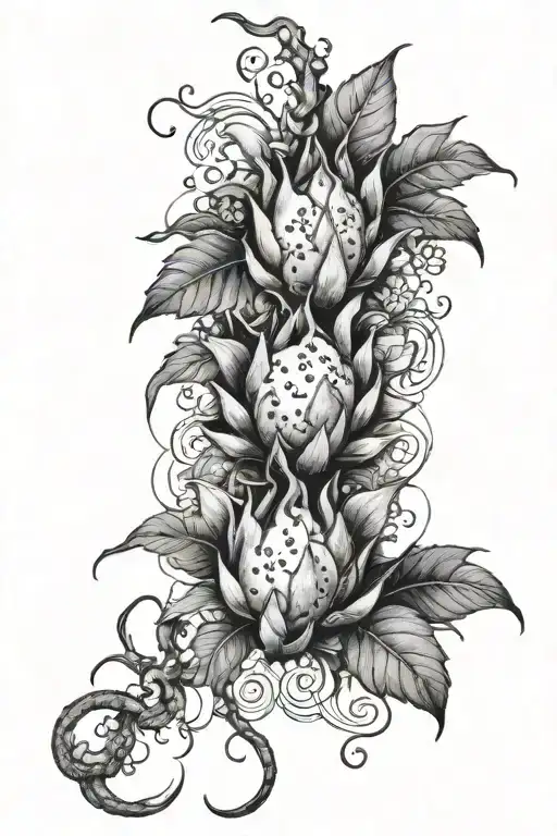 Dragonfruit Vine Growing With Flowers And Dragon Head