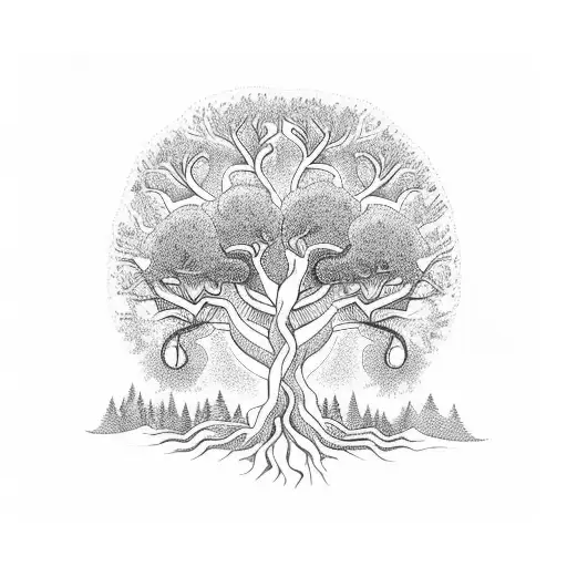 A Tree With Intricate Roots Intertwined With The Names Of Family Members