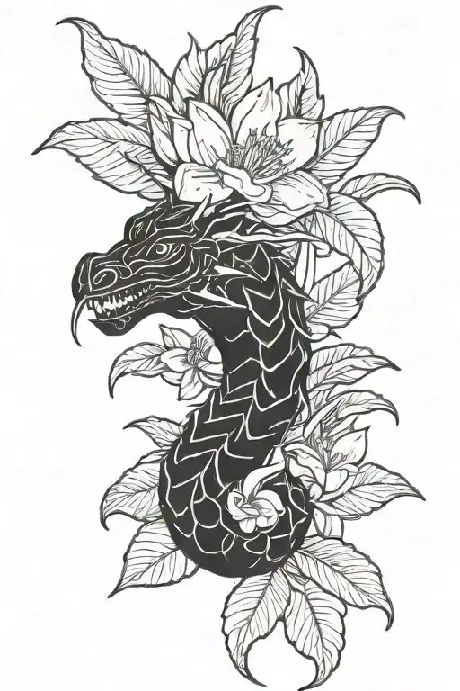 Dragonfruit Plant With Fruit And Plumeria Flowers With Large Mythical Dragon Head At The Top