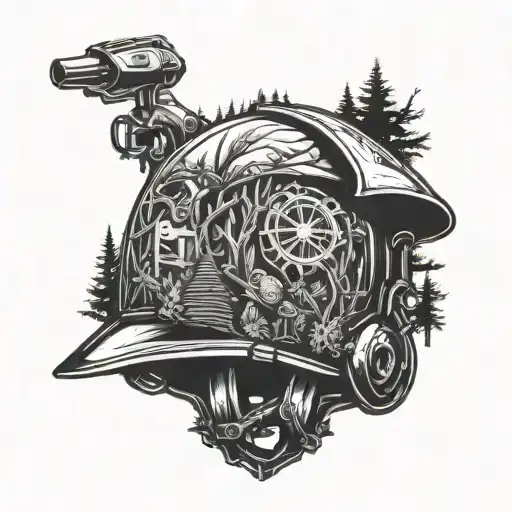 A Dirtbike Helmet Merged With A Construction Hardhat Surrounded By Forest Elements