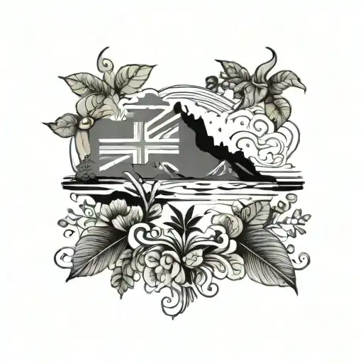 A Blackwork Tattoo Of A Stylized New Zealand Flag Merging With A Lush Nature Landscape