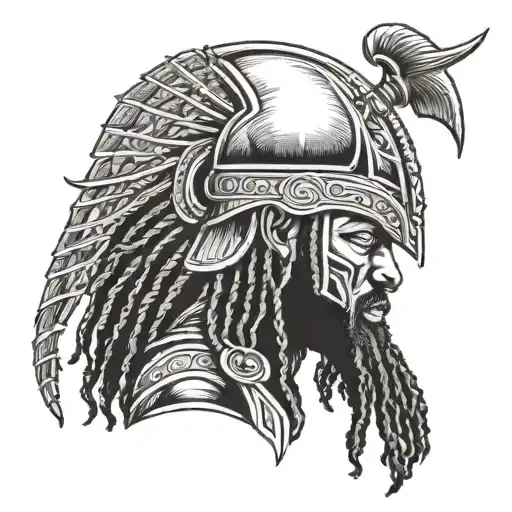 African Warrior With Long Beard And Dreads Wearing A Viking Helmet