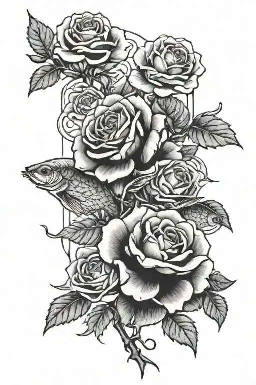 Some Roses With A Samurai In The Middle And 2 More Carp Hidden Among The Roses