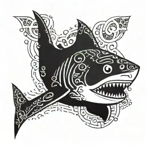 A Blackwork Tattoo Of A Shark With Intricate Patterns Inspired By Gaming Symbols And Characters