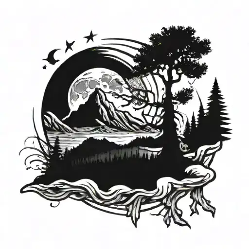Cover Globe With Mountains Moon And Pine Tree Growing