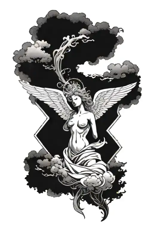 Angel Descending From Heaven With A Background On One Side Of The Chest With A Forest Tattoo
