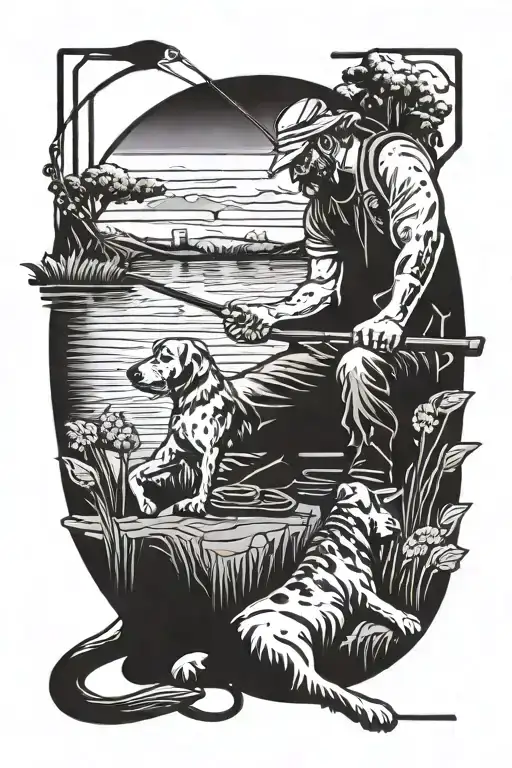 Man Fishing With Dog Sitting