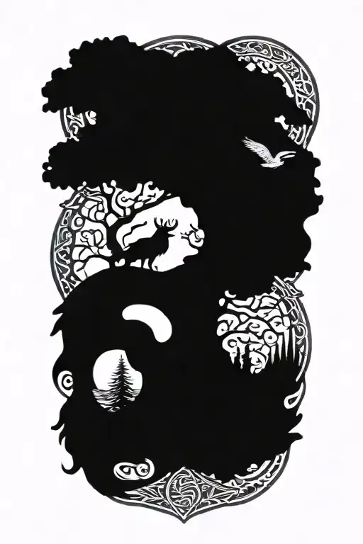 Viking Infront Of Yggdrasil Woth Nordic Symbols And Two Crows Tattoo