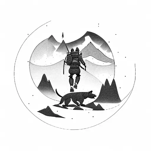 A Silhouette Of A Hunter Aiming At A Mountain Range With A Dog By Their Side In Blackwork