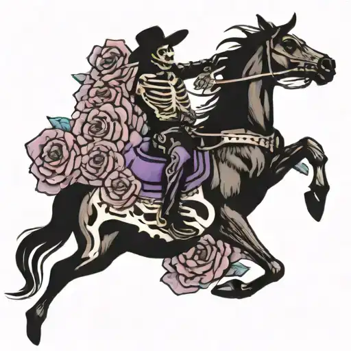 Skeleton Cowboy On A Skeleton Bucking Horse Surrounded In Purple Roses