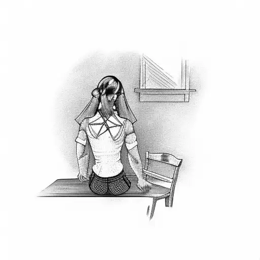 Country Woman Sitting On A Wooden Chair Seen From Her Back Tattoo