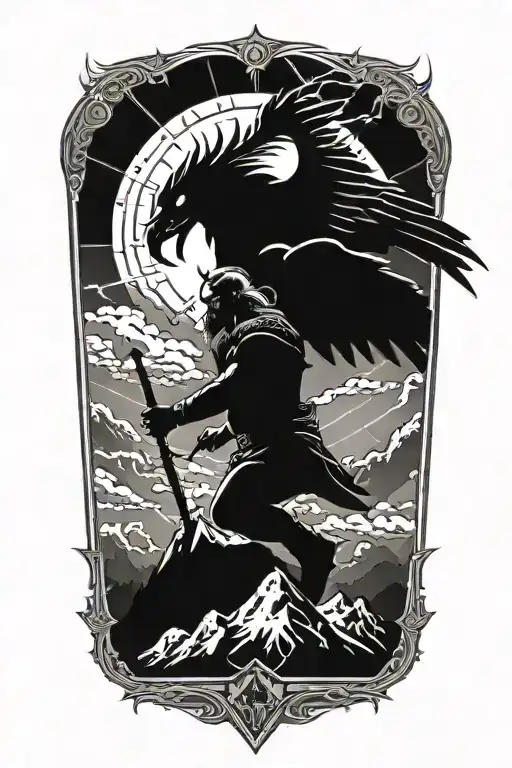 A Viking With A Mountain Behind Him With Lightning In The Sky And 2 Ravens