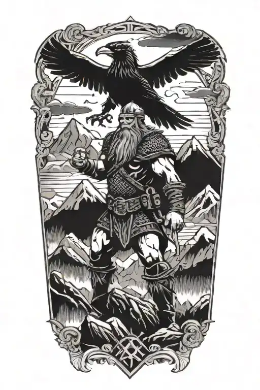 A Viking With A Mountain Behind Him With Lightning In The Sky And 2 Small Ravens