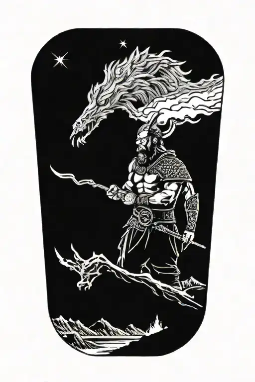 A Viking With A Mountain Behind Him With Lightning In The Sky And 2 Small Ravens