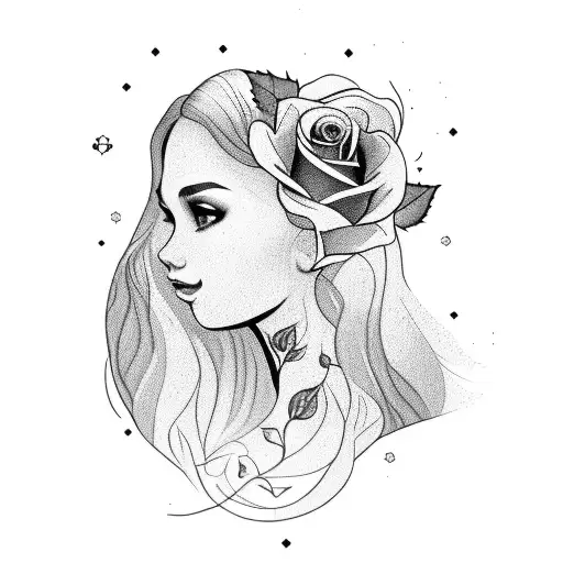 A Portrait Of A Beautiful Girl With A Rose In Her Hair And The Words 'Wanderlust' Underneath Tattoo