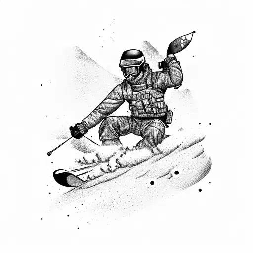 Depict A Soldier Skiing Down A Mountain Slope With Guns Strapped To Their Back