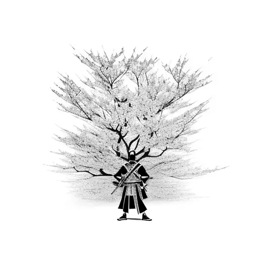 Samurai Warrior Standing Beneath A Blooming Cherry Blossom Tree