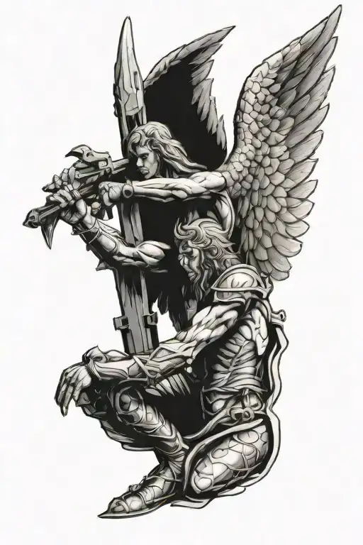 Angel Disapointed After Failing Holdin Himself On A Pilar Wearing A Armor