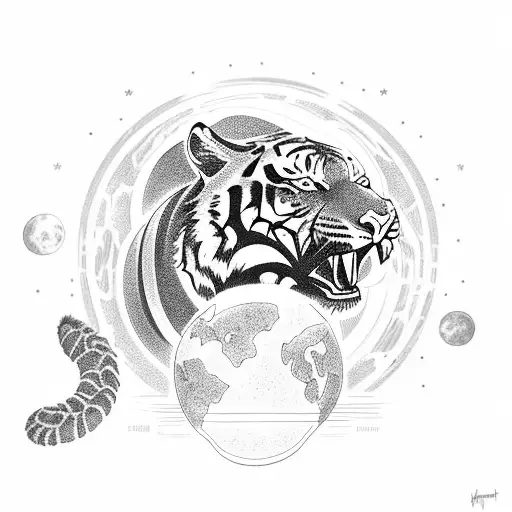 Tiger Biting Apocalyptic Planet Supported By A Scorpion