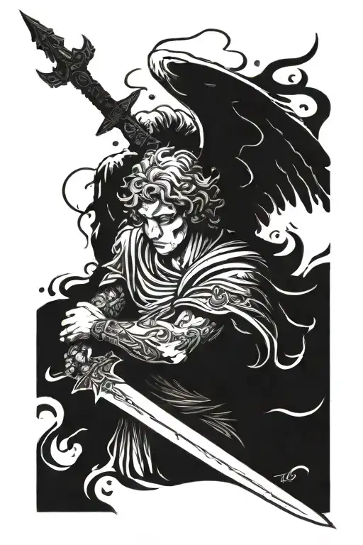 Angel Disapointed After Failing Holdin Himself On A Stone And Leaving His Sword