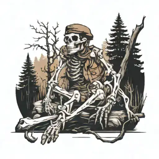 Lost Skeleton With Brown Beret Sitting On Ruck In Dark Forest With Lake