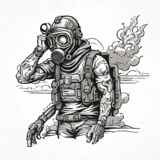 Whole Body Guy In Gas Mask Standing Post Apocalyptic Landscape