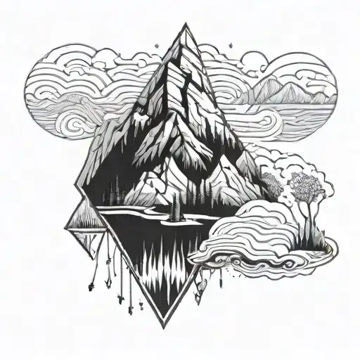 A Stylized Mountain Landscape With An Arrowhead Hidden Within The Design