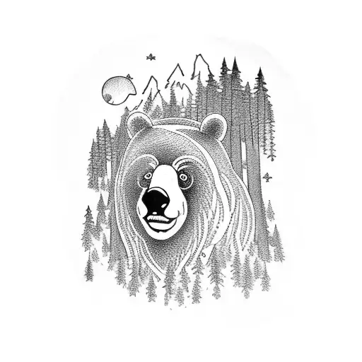 A Blackwork Tattoo Of A Bear Playing A Guitar Amidst A Lush Forest Backdrop