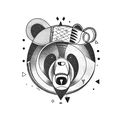 A Blackwork Tattoo Of A Bear Playing A Guitar Amidst A Lush Forest Backdrop