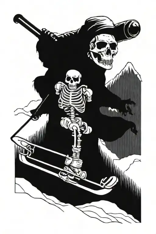 Snowboarding Skeleton And A Skeleton Dog Sitting On A Ski Lift