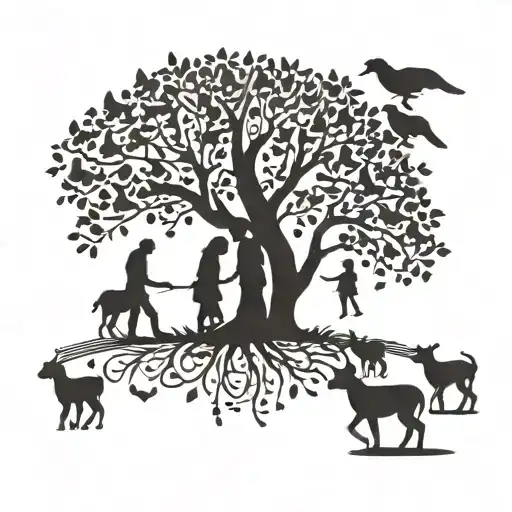 A Silhouette Of A Family Holding Hands Under A Tree With Musical Notes Floating Around Them