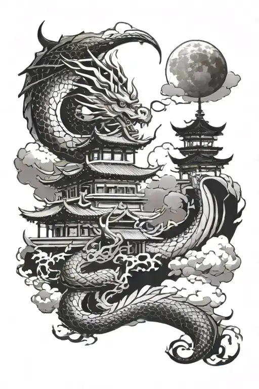 A Dragon Wrapped In A Japanese Temple In A Cloudy Night Sky