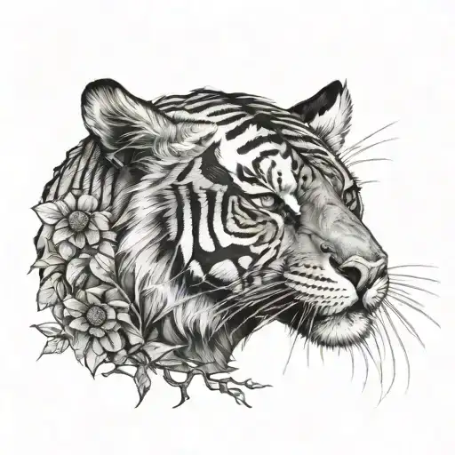 A Detailed Blackwork Tattoo Of A Tiger And A Spider