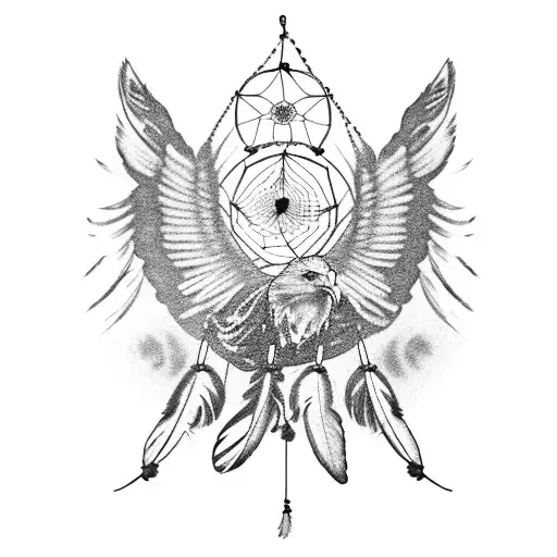 Eagle Feather Transforming Into A Dreamcatcher In Blackwork Style