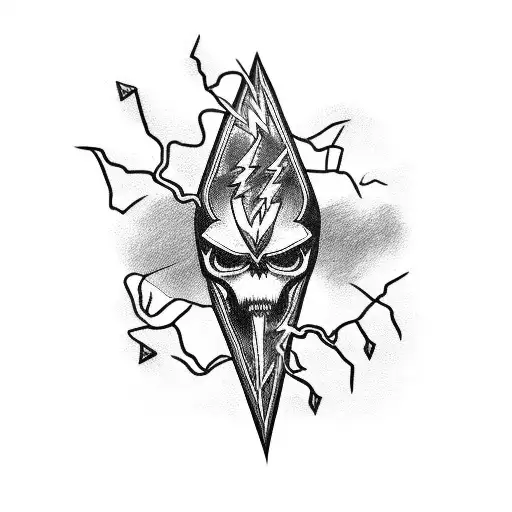 A Blackwork Tattoo Of A Classic Car With Lightning Bolts Surrounding It